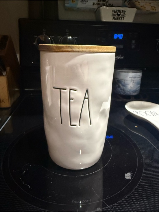Rae Dunn Other - White Ceramic Tea Canister with Wood Lid, Tea mug, Teapot, honey w/ wood spoon.
